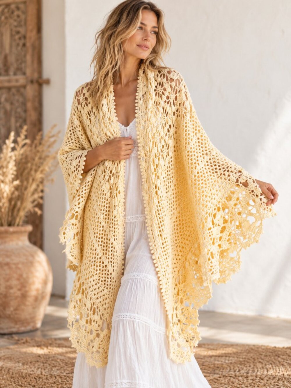 Vintage Crochet Knitted Handknit Buttery Yellow Triangular Scarf Shawl